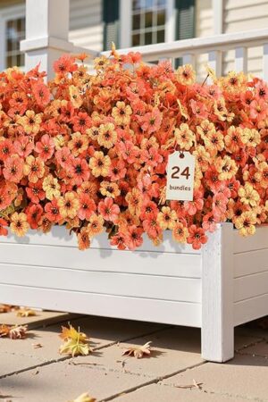24 Bundles Artificial Fall Mums Flowers for Outdoors Decoration, UV Resistant Silk Violet and Faux Eucalyptus Autumn Fake Plants for Outside Indoor Yard Home Patio Porch Decor, Orange and Red