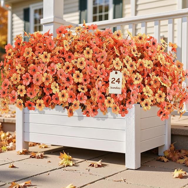 24 Bundles Artificial Fall Mums Flowers for Outdoors Decoration, UV Resistant Silk Violet and Faux Eucalyptus Autumn Fake Plants for Outside Indoor Yard Home Patio Porch Decor, Orange and Red