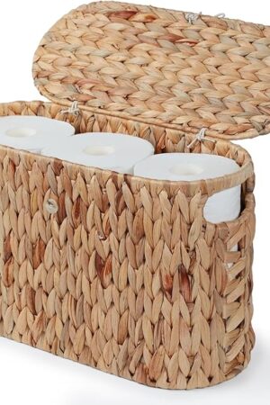 YANGQIHOME Toilet Paper Storage, Water Hyacinth Toilet Paper Storage with Lid, Papers Container for up to 6 Mega Rolls, Bathroom Basket Organizer