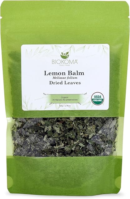 Biokoma Organic Lemon Balm Dried Leaves 50g (1.76oz) USDA Organic | Herbal Tea | Resealable Pouch | No Additives | No Preservatives | No GMO | Kosher | Melissae folium