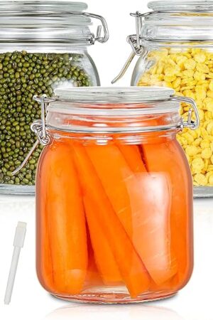 YEBODA 32oz Food Storage Canister Glass Jars with Clamp Airtight Lids and Silicone Gaskets for Multi-Purpose Kitchen Containers - Clear Square (3 Pack)