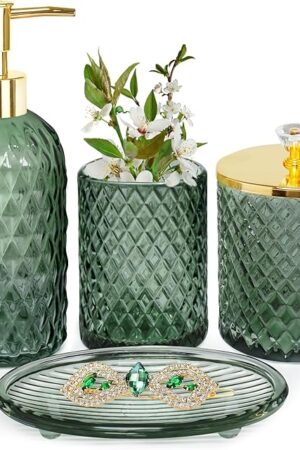 Bathroom Accessories Set, 4Pcs Sage Green Glass Bathroom Accessory Set Complete w/Lotion Soap Dispenser, Toothbrush Holder, Qtip Holder, Soap Dish, Gold Bathroom Decor Sets, Gift for Home Apartment