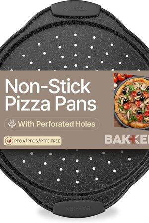 Bakken Pizza Baking Pan - Round Perforated Carbon Steel Pan with Non-Stick Marble Coating, Oversized Silicone Handle, Dishwasher Safe, High-Temperature Resistant, Durable & Easy Cleanup Gray