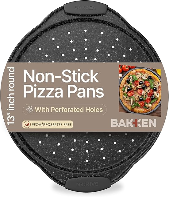 Bakken Pizza Baking Pan - Round Perforated Carbon Steel Pan with Non-Stick Marble Coating, Oversized Silicone Handle, Dishwasher Safe, High-Temperature Resistant, Durable & Easy Cleanup Gray