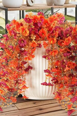 Artificial Fall Flowers Plants for Outdoor Indoor Decoration, 3Pcs UV Resistant Fake Fall Hanging Flowers, Look Real Faux Silk Long Vines Petunias for Porch Patio Yard Balcony Autumn Decor
