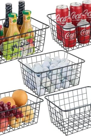 Wire Kitchen Storage Basket 5 Packs,Perfect Pantry Organization Accessories Basket,Laundry,Countertop Organization,Suitable for Kitchen,Bathroom,Bedroom,Tabletop,Stackable,Black