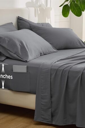 Bedsure Deep Pocket Queen Sheets - 6 Piece, Prewashed Ultra-Soft Queen Sheet Set, Fits Mattresses Up to 18 Inches Thick, Breathable & Secure Fit, Hotel Luxury Bedding, Grey