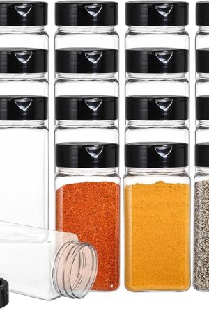 Bekith 16 Pack 9 oz Plastic Spice Jars with Black Cap, Plastic Spice Bottles Empty Seasoning Containers for Storing Spice, Herbs and Powders
