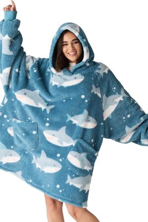 Bedsure Shark Blanket Hoodie, Gifts for Girlfriend - Wearable Blanket Shark Hoodie Oversized Shaggy Sherpa Cozy Warm Hooded Sweatshirt With Sleeves, Gift for Wife Women Adults and Men, Blue