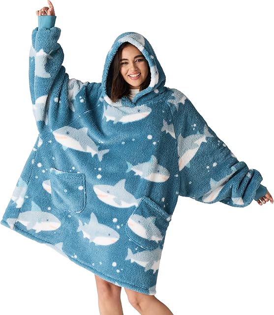 Bedsure Shark Blanket Hoodie, Gifts for Girlfriend - Wearable Blanket Shark Hoodie Oversized Shaggy Sherpa Cozy Warm Hooded Sweatshirt With Sleeves, Gift for Wife Women Adults and Men, Blue