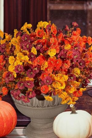 Artificial Flowers for Outdoors UV Resistant, 12 Bundles Faux Morning Glory for Hanging Basket Realistic, Fake Plants Silk Bulk for Indoor Home Décor Cemetery - Mixed Yellow Orange DarkRed