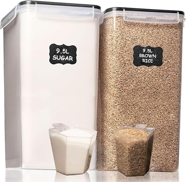 Shazo 2 PC (9.5L | 321 Oz) Extra Large Bulk Food Storage Containers with Airtight Lids for Flour, Sugar, Rice, Cereal & Pasta - Leakproof, BPA-Free Plastic Canisters for Kitchen & Pantry Organization