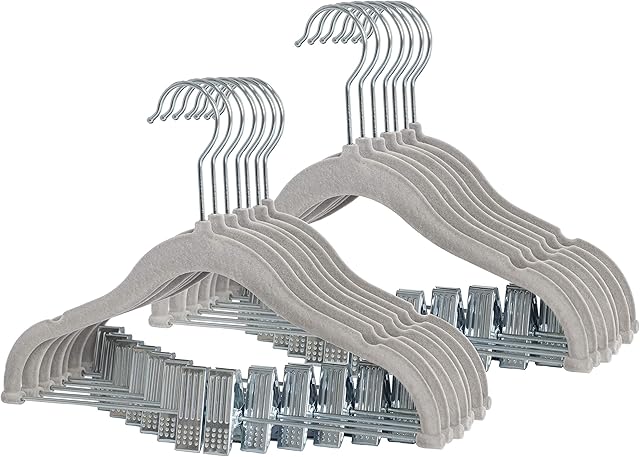 Finnhomy Non-Slip Clothes Hangers for Baby and Kids 20-Pack Velvet Hangers with Movable Clips, Heavy-Duty and Space-Saving for Pants,Skirts, Coat, Gray