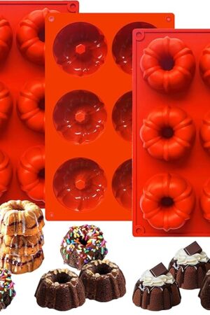 3Pcs Mini Bundt Cake Pan for Baking, 6-Cavity Fluted Tube Cake Pan Silicone Molds, Non-Stick Mini Bundt Cake Pans for Making Cupcake, Cornbread, Brownie, Donuts, Jello (Red(B))