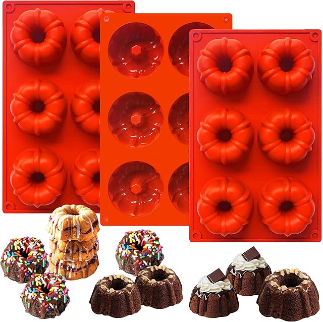 3Pcs Mini Bundt Cake Pan for Baking, 6-Cavity Fluted Tube Cake Pan Silicone Molds, Non-Stick Mini Bundt Cake Pans for Making Cupcake, Cornbread, Brownie, Donuts, Jello (Red(B))