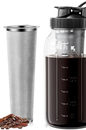 Cold Brew Coffee Maker 64oz, Iced Coffee Maker with 304 Stainless Steel Filter, Mason Jar Pitcher with Lid and Spout (Black)