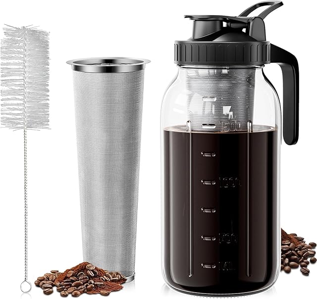 Cold Brew Coffee Maker 64oz, Iced Coffee Maker with 304 Stainless Steel Filter, Mason Jar Pitcher with Lid and Spout (Black)