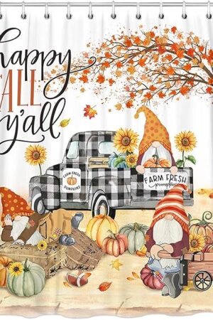 Bonsai Tree Fall Shower Curtain, Fall Shower Curtains for Bathroom, Autumn Gnome Truck Bathroom Decor Curtain with Hooks 72x72
