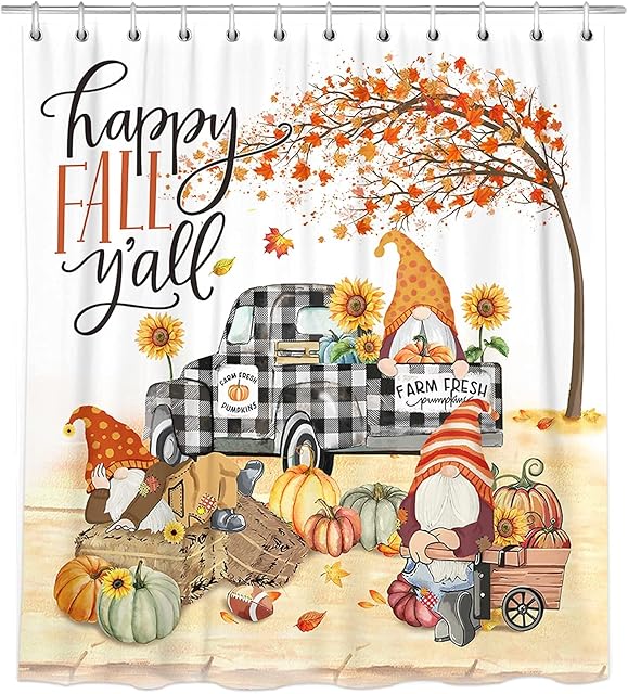 Bonsai Tree Fall Shower Curtain, Fall Shower Curtains for Bathroom, Autumn Gnome Truck Bathroom Decor Curtain with Hooks 72x72