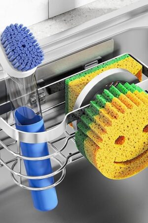 Cisily Smiley Sponge Holder for Kitchen Sink Caddy, Stainless Steel Movable Brush Holder Dish Cloth Hanger, Suction Cup Sink Caddy Organizer Scrubber Accessories (Silver)