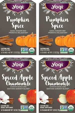 Yogi Tea - Fall Spice Variety Sampler Pack - 16 Tea Bags Per Pack (4 Pack) - Limited Edition Tea Sampler - Herbal Caffeine-Free Teas - Includes 2 Spiced Apple Chamomile & 2 Pumpkin Spice