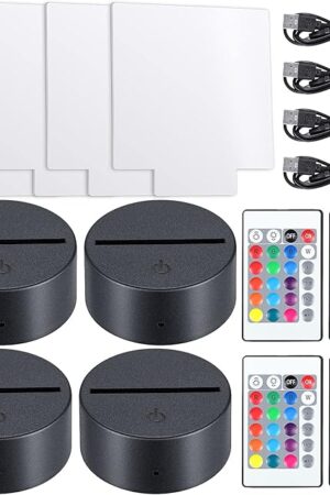 4 Set 3D Night Light LED Lamp Base with Clear Acrylic Sheets Remote Controls and Charging Cables Adjustable 16 Colors 4 Modes for Child Room Bar(Square Style)