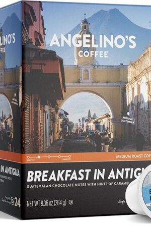 Angelino's Coffee Breakfast in Antigua Coffee Pods - Breakfast Blend Coffee K Cups Compatible, Medium Roast Coffee, Reserve, Chocolate & Caramel Notes, Citrus Hints, Guatemala Origin, 24 Count - Premium Breakfast Blend Coffee for Keurig Machines
