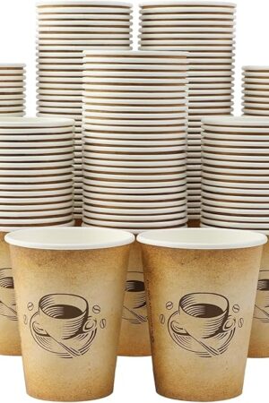 300 Pack 12oz Paper Coffee Cups, Hot/Cold Beverage 12oz Disposable Coffee Cups, Retro Design, Leak-Proof, Hot or Cold Drink, Cocoa, Chocolate, Coffee Bar Supplies