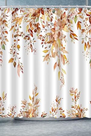 ACZHHZC Fall Eucalyptus Leaves Shower Curtain, Autumn Aesthetic Art Watercolor Plant Floral Leaf Bathroom Decor, Waterproof Fabric Cloth Bath Curtain Set with Hooks (Brown-Orange, 72x72 Inches)