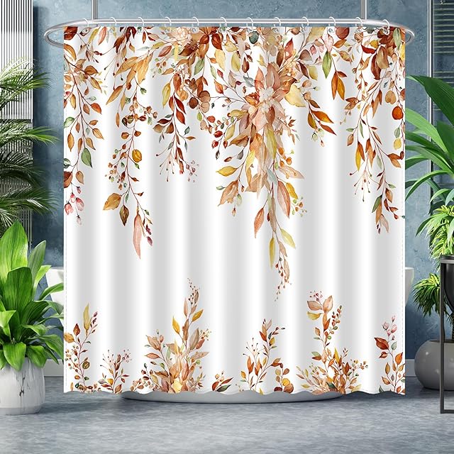 ACZHHZC Fall Eucalyptus Leaves Shower Curtain, Autumn Aesthetic Art Watercolor Plant Floral Leaf Bathroom Decor, Waterproof Fabric Cloth Bath Curtain Set with Hooks (Brown-Orange, 72x72 Inches)