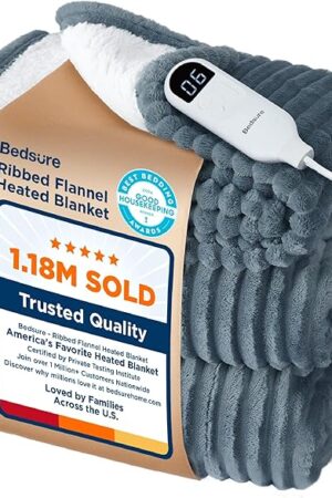 Bedsure Heated Blanket Electric Throw - Soft Ribbed Flannel GentleSoft Electric Blanket, Heating with 4 Time Settings, 6 Heat Levels, 3 hrs Timer Auto Shut Off, Gift for Grandma (50x60 inches, Grey)