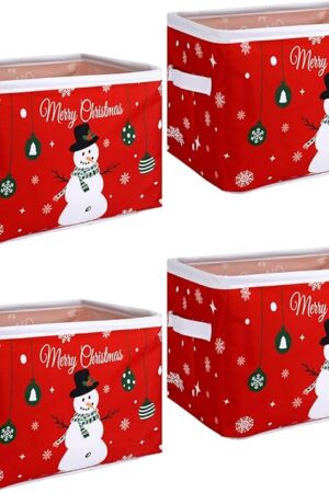 4 Pcs Christmas Basket for Gifts Empty Christmas Storage Basket with Handles Fabric Laundry Storage Organizer Bag for Baby Book Clothing(Snowman)