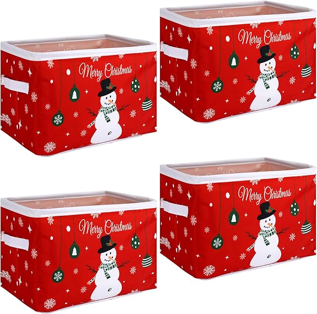 4 Pcs Christmas Basket for Gifts Empty Christmas Storage Basket with Handles Fabric Laundry Storage Organizer Bag for Baby Book Clothing(Snowman)