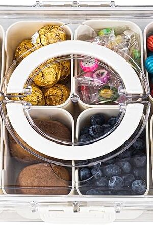 Amzcku Divided Serving Tray with Lid and Handle - Snackle Box Charcuterie Container for Portable Snack Platters - Clear Organizer for Candy, Fruits, Nuts, Snacks - Perfect for Party, Entertaining