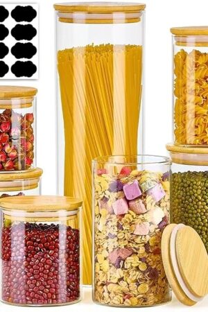 7 Pack Thicker Glass Food Storage Jars with Airtight Bamboo Lids, Clear Glass Storage Containers, Glass Canisters Set for Pasta, Nuts, Coffee Beans, Kitchen Pantry Organization Jar, BPA Free
