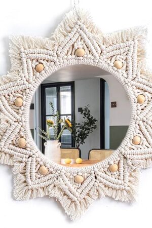Boho Wall Decor Mirror Macrame Circle Hanging Mirror for Bedroom Living Room Apartment Entryway Home Decor