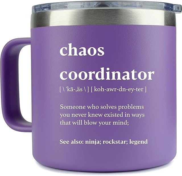 Chaos Coordinator Gifts for Women - Teacher Appreciation Gifts for Mothers Day, Nurses Week Promotion - 14oz Chaos Coordinator Tumbler Mug Purple Gift for Women Gift Baskets for Her Nurse Manager Boss