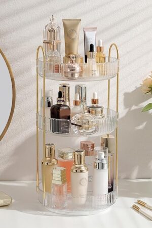 Aveniee 3 Tier Rotating Makeup Organizer Clear White Perfume Skincare Organizers for Bathroom Countertop for Dresser