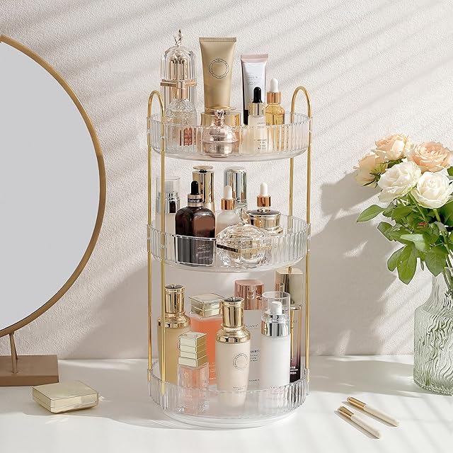 Aveniee 3 Tier Rotating Makeup Organizer Clear White Perfume Skincare Organizers for Bathroom Countertop for Dresser
