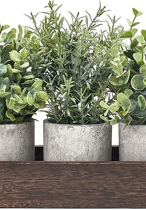 Dahey 3 Pack Mini Potted Artificial Eucalyptus Fake Plants with Wood Tray Centerpiece Table Decorations, Farmhouse Pulp Flower Pots Greenery Home Decor for Coffee Table Dining Room Office Kitchen