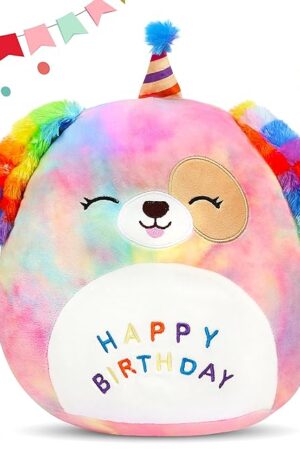 Easfan 12'' Original Rainbow Birthday Dog Plush Pillow Soft Puppy Plush Toy Cute Dog Stuffed Animal Birthday Gifts for Kids Toddlers