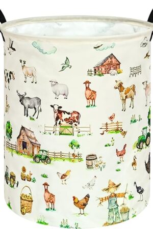 19.7 Inch Farm Pattern Round Kids Round Laundry Clothes Hamper Dino Laundry Basket with Handles,Baby Toys Storage Organizer Bins Laundry Gift Basket for Boys and Girls Room, Bedroom Decor
