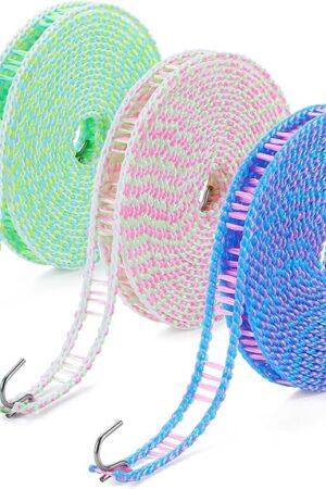 3-Pack Windproof Clothesline with Hooks – Super Strong and Durable, PE Material, 16ft – Ideal for Indoor/Outdoor Use & Travel