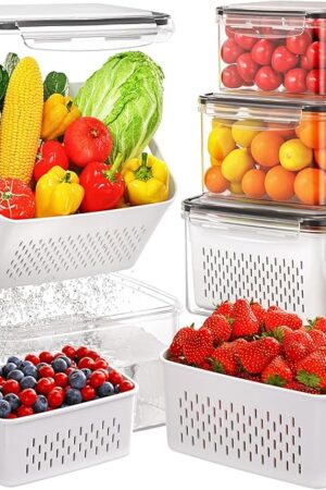4 PCS Fruit Storage Containers for Fridge, Produce Containers for Fridge with Removable Colander, All-In-One Fruit Washing Bowl with Strainer Microwave/Dishwasher Safe for Salad Berry Lettuce Keeper