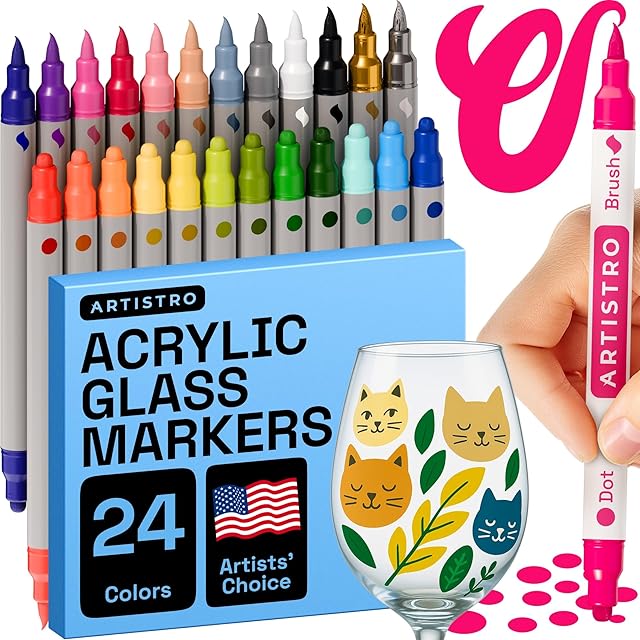 ARTISTRO 24 Wine Glass Acrylic Paint Markers - Washable Non-Toxic Dual Tip Acrylic Paint Pens for Car Window, Mirror, Ceramic