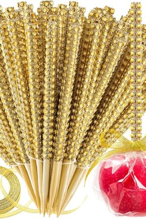 Bling Sticks for Candy Apples, 26Pcs Caramel Apple Wooden Pointed Skewers with 26Pcs Glass Bag and 22Yd Glitter Ribbons Tie, Fruit Cake Pop Chocolate Sliver Crystal Bamboo Sticks for Party Favor