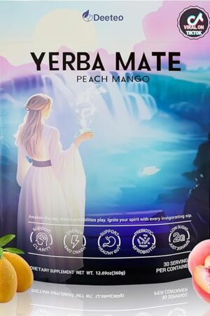 Yerba Mate Instant Tea Powder, Peach-Mango Flavor Super Drink, Mental Clarity, Clean Energy & Digestive Support, Rich in Prebiotics & Probiotics, Stay Fresh, Focused, 30 Servings