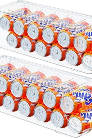 2 Pack Soda Can Organizer for Refrigerator, Stackable Canned Food Pop Cans Container Can Holder Dispenser with Lid for Fridge Rack Freezer, Clear Storage Bins-Holds 12 Cans Each (Clear)