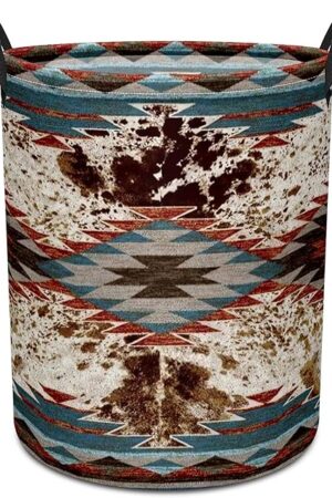 Western Aztec Cow Print Baby Laundry Hamper,Laundry Basket,Waterproof Storage Bin for Bedroom,Clothes Organizer Basket,Toys Box,Room Decor