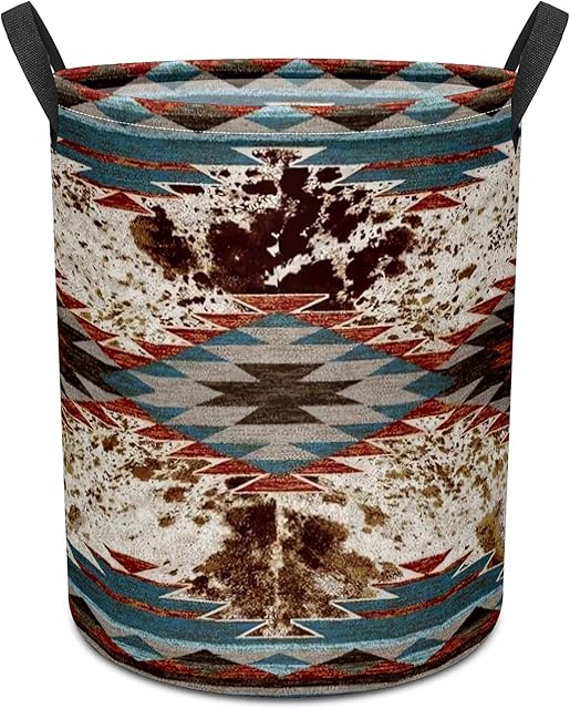 Western Aztec Cow Print Baby Laundry Hamper,Laundry Basket,Waterproof Storage Bin for Bedroom,Clothes Organizer Basket,Toys Box,Room Decor